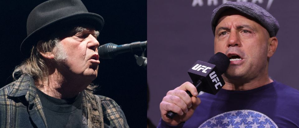 Left: Neil Young performs on stage for his first time in Quebec City during 2018 Festival d'Ete on July 6, 2018. (Photo by Alice Chiche / AFP) (Photo by ALICE CHICHE/AFP via Getty Images) Right: LAS VEGAS, NEVADA - DECEMBER 10: Joe Rogan introduces fighters during the UFC 269 ceremonial weigh-in at MGM Grand Garden Arena on December 10, 2021 in Las Vegas, Nevada. (Photo by Carmen Mandato/Getty Images)