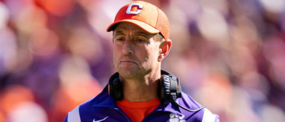 CLEMSON, SOUTH CAROLINA - NOVEMBER 13: Head coach Dabo Swinney of the Clemson Tigers looks on against the Connecticut Huskies during the second quarter during their game at Clemson Memorial Stadium on November 13, 2021 in Clemson, South Carolina. (Photo by Jacob Kupferman/Getty Images)