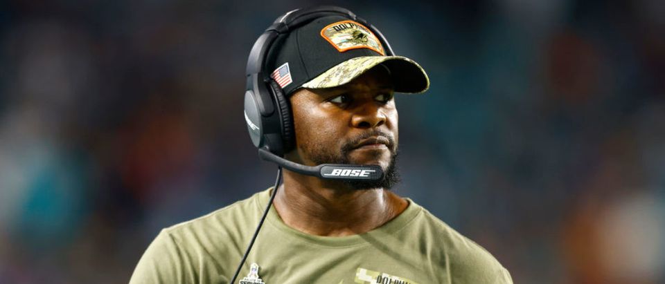MIAMI GARDENS, FLORIDA - NOVEMBER 11: Head coach Brian Flores of the Miami Dolphins looks on against the Baltimore Ravens during the second quarter in the game at Hard Rock Stadium on November 11, 2021 in Miami Gardens, Florida. (Photo by Michael Reaves/Getty Images)