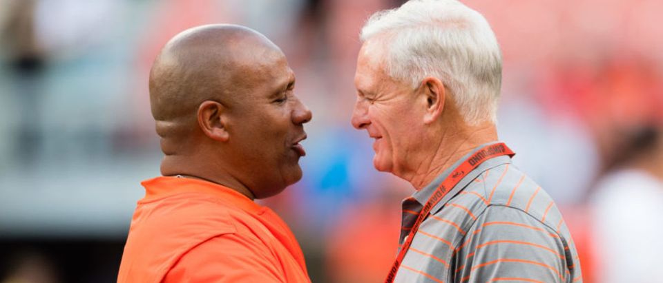 CLEVELAND, OH - AUGUST 10: Head coach Hue Jackson of the Cleveland Browns talks with team owner Jimmy Haslam prior to the preseason game against the New Orleans Saints at FirstEnergy Stadium on August 10, 2017 in Cleveland, Ohio. (Photo by Jason Miller/Getty Images)