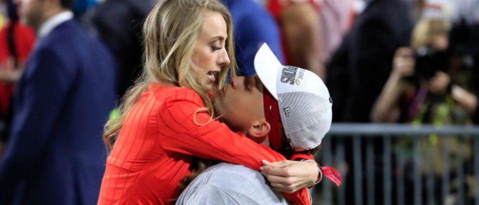 MIAMI, FLORIDA - FEBRUARY 02: Patrick Mahomes #15 of the Kansas City Chiefs celebrates with his girlfriend, Brittany Matthews, after defeating the San Francisco 49ers 31-20 in Super Bowl LIV at Hard Rock Stadium on February 02, 2020 in Miami, Florida. (Photo by Andy Lyons/Getty Images)