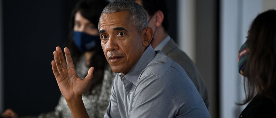 Former US President Barack Obama gestures as he speaks during a round table meeting at the University of Strathclyde on November 08, 2021 in Glasgow, Scotland.