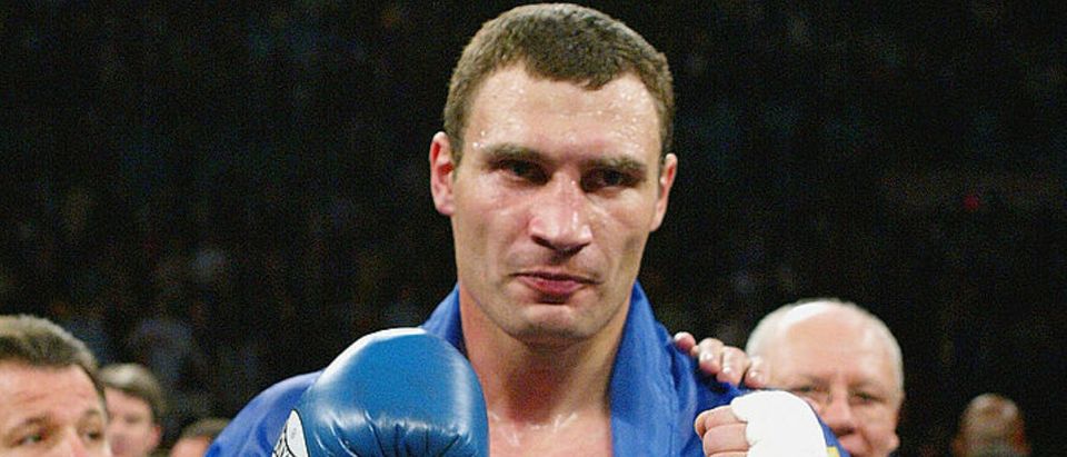 NEW YORK - DECEMBER 6: Vitali Klitschko celebrates after defeating Kirk Johnson during their heavyweight bout on December 6, 2003 at Madison Square Garden in New York City. Klitschko won the bout by way of knockout in the second round. (Photo by Al Bello/Getty Images)