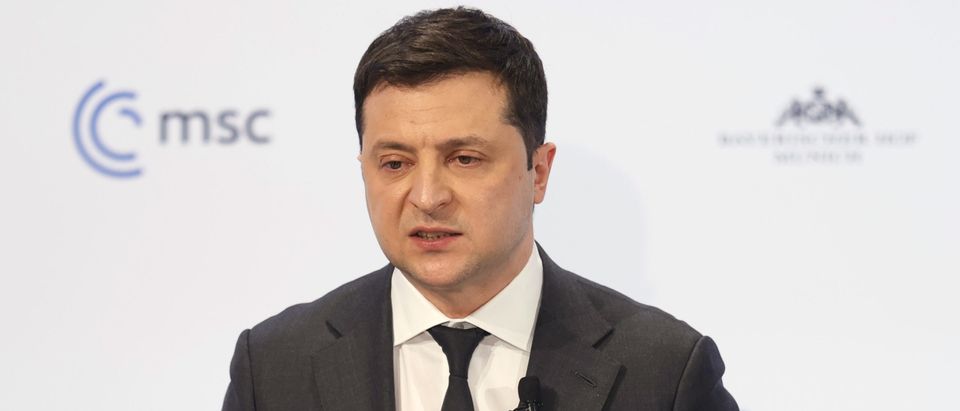 MUNICH, GERMANY - FEBRUARY 19: Ukrainian President Volodymyr Zelensky delivers a statement during the 58th Munich Security Conference (MSC) on February 19, 2022 in Munich, Germany. The conference, which brings together security experts, politicians and people of influence from across the globe, is taking place as Russian troops stand amassed on the Russian, Belarusian and Crimean borders to Ukraine, causing international fears of an imminent military invasion. (Photo by Ronald Wittek - Pool/Getty Images)