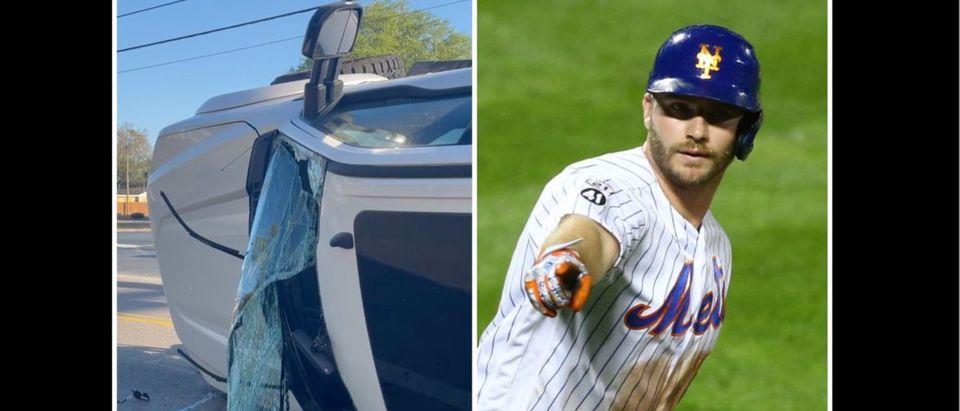 Pete Alonso Crash (Credit: Mike Stobe/Getty Images and Screenshot/Instagram Video https://www.instagram.com/p/CbF9dTRuhd8/)