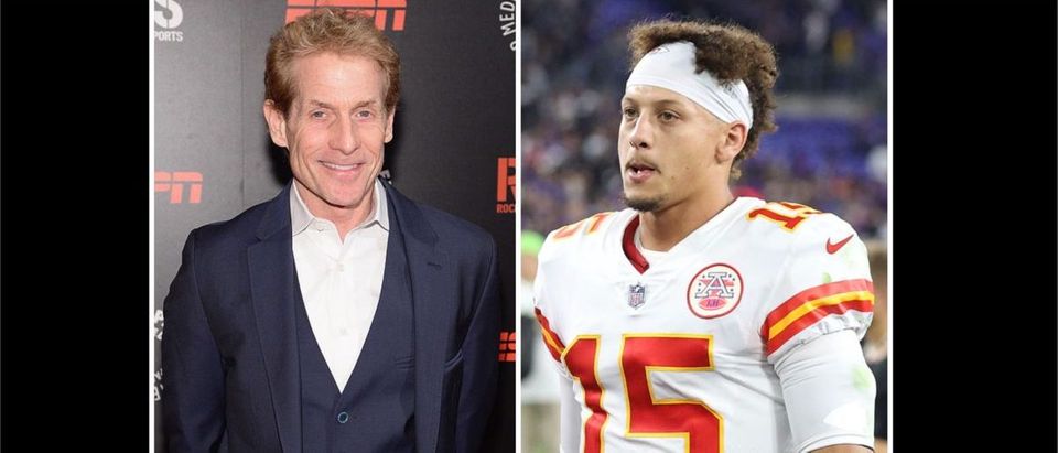 Patrick Mahomes, Skip Bayless (Credit: Jamie McCarthy/Getty Images for Paley Center for Media and Rob Carr/Getty Images)