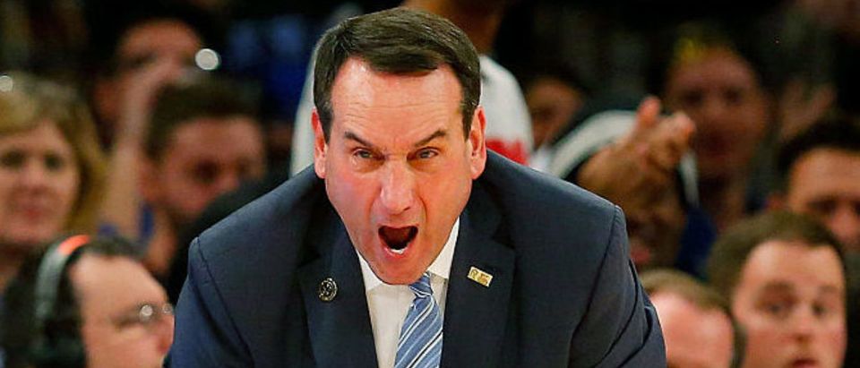 NEW YORK, NY - NOVEMBER 22: Head coach Mike Krzyzewski of the Duke Blue Devils reacts in the second half against the Georgetown Hoyas during the 2K Classic championship game at Madison Square Garden on November 22, 2015 in New York City. (Photo by Jim McIsaac/Getty Images)