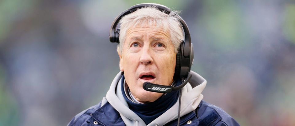 SEATTLE, WASHINGTON - JANUARY 02: Head coach Pete Carroll of the Seattle Seahawks looks on from the sideline during the first half against the Detroit Lions at Lumen Field on January 02, 2022 in Seattle, Washington. (Photo by Steph Chambers/Getty Images)