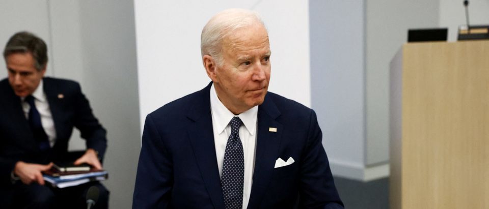 BRUSSELS, BELGIUM - MARCH 24: U.S. President Joe Biden attends a G7 leaders meeting during a NATO summit on Russia's invasion of Ukraine, at the alliance's headquarters in Brussels, on March 24, 2022 in Brussels, Belgium. Heads of State and Government take part in the North Atlantic Council (NAC) Summit. They will discuss the consequences of President Putin's invasion of Ukraine and the role of China in the crisis. Then decide on the next steps to strengthen NATO's deterrence and defence. (Photo Henry Nicholls - Pool/Getty Images)