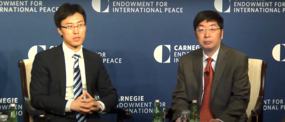 Left: Zhao Tong is a senior fellow at Carnegie’s Nuclear Policy Program and formerly worked for the Foreign Affairs Office of the People’s Government of Beijing Municipality. Right: Li Bin was a senior fellow in Carnegie’s Nuclear Policy Program and is a member of the CCP and director of the US-China People’s Friendship Association, an organization associated with one of “the main agencies for foreign influence operations,” according to a 2018 Hoover Institution report. [YouTube/Screenshot/CarnegieLive]