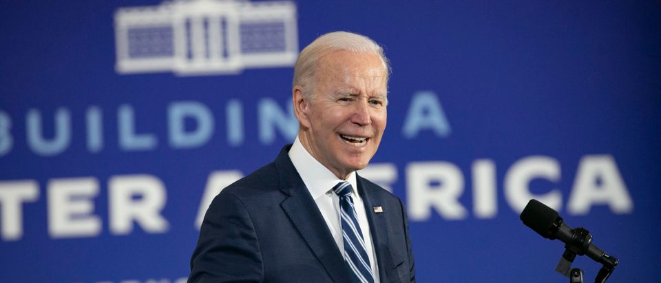 GREENSBORO, NC - APRIL 14: U.S. President Joe Biden speaks to guests during a visit to North Carolina Agricultural and Technical State University on April 14, 2022 in Greensboro, North Carolina. Biden was in North Carolina to discuss his administration's efforts to create manufacturing jobs and alleviate the impacts of inflation. (Photo by Allison Joyce/Getty Images)