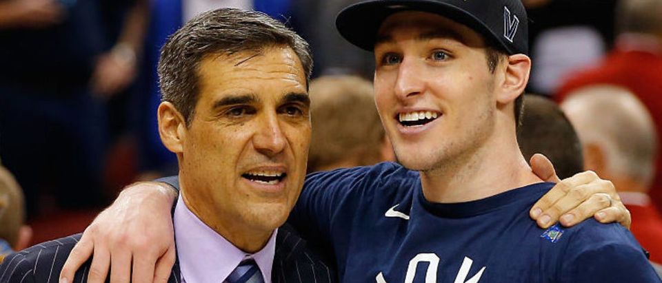 LOUISVILLE, KY - MARCH 26: Head coach Jay Wright of the Villanova Wildcats (L) and Ryan Arcidiacono #15 celebrate defeating the Kansas Jayhawks 64-59 during the 2016 NCAA Men's Basketball Tournament South Regional at KFC YUM! Center on March 26, 2016 in Louisville, Kentucky. (Photo by Kevin C. Cox/Getty Images)