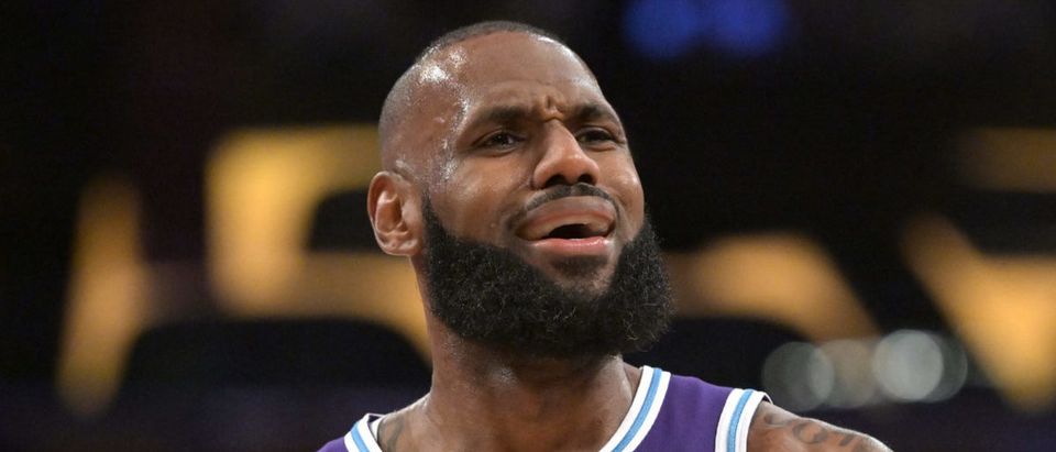 Apr 1, 2022; Los Angeles, California, USA; Los Angeles Lakers forward LeBron James (6) reacts after he was called for a foul in the second half against the New Orleans Pelicans at Crypto.com Arena. Mandatory Credit: Jayne Kamin-Oncea-USA TODAY Sports via Reuters
