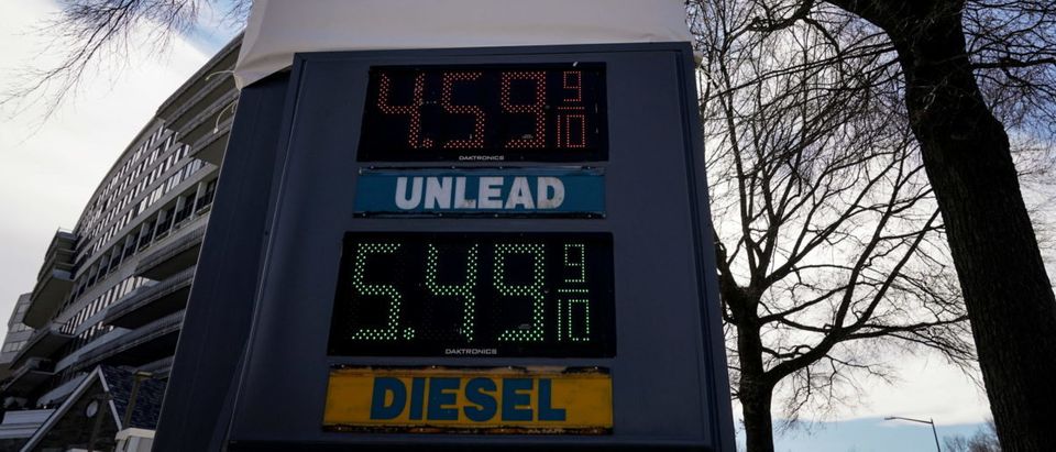 FILE PHOTO: Gasoline prices are displayed at a gas station following Russia's invasion of Ukraine in Washington