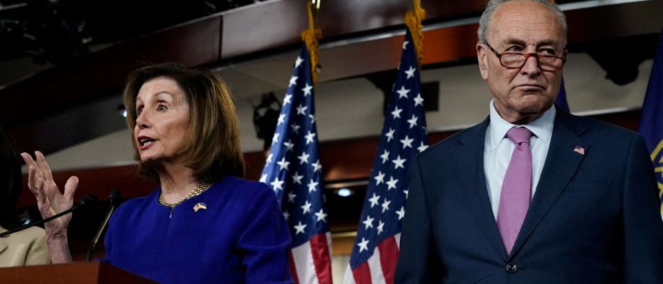 U.S. House Speaker Nancy Pelosi and Senate Majority Leader Chuck Schumer hold a news conference about legislative efforts to lower gas prices, on Capitol Hill in Washington