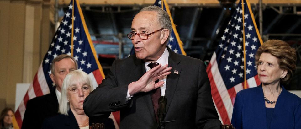 U.S. Senate Majority Leader Chuck Schumer speaks to reporters following the Senate Democrats weekly policy lunch at the U.S. Capitol in Washington
