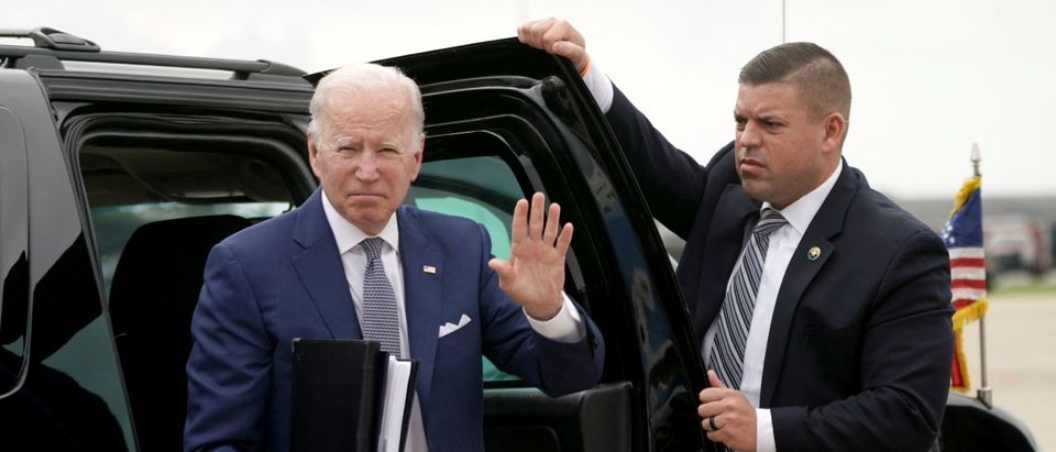 U.S. President Joe Biden gestures as he arrives to board Air Force One on return travel to Washington, from Delaware Air National Guard Base in New Castle, Delaware, U.S., May 15, 2022. REUTERS/Elizabeth Frantz