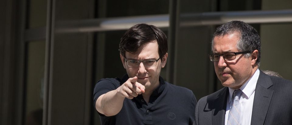 NEW YORK, NY - AUGUST 4: Former pharmaceutical executive Martin Shkreli points as he exits the courthouse after the jury issued a verdict in his case at the U.S. District Court for the Eastern District of New York, August 4, 2017 in the Brooklyn borough of New York City. . (Photo by Drew Angerer/Getty Images)