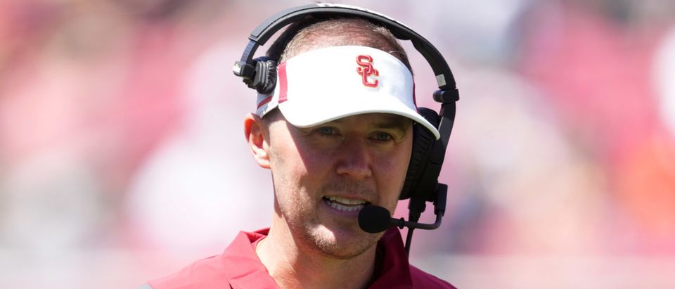 Apr 23, 2022; Los Angeles, CA, USA; Southern California Trojans coach Lincoln Riley during the spring game at the Los Angeles Memorial Coliseum. Mandatory Credit: Kirby Lee-USA TODAY Sports via Reuters