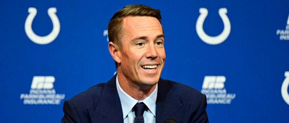 Mar 22, 2022; Indianapolis, IN, USA; Indianapolis Colts Quarterback Matt Ryan (2) holds a press conference to announce his joining of the team at Indiana Farm Bureau Football Center. Mandatory Credit: Marc Lebryk-USA TODAY Sports via Reuters