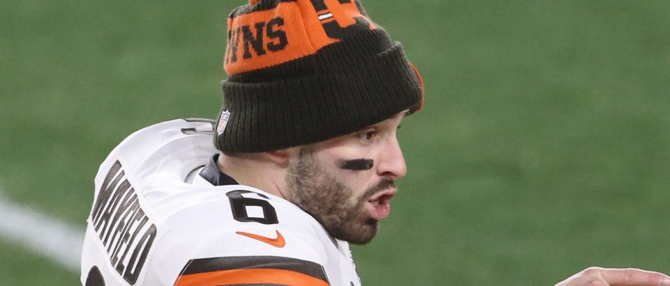 Jan 10, 2021; Pittsburgh, PA, USA; Cleveland Browns quarterback Baker Mayfield (6) reacts against the Pittsburgh Steelers in the first quarter of an AFC Wild Card playoff game at Heinz Field. Mandatory Credit: Charles LeClaire-USA TODAY Sports via Reuters