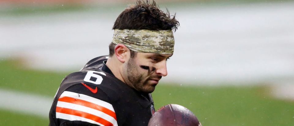 Nov 22, 2020; Cleveland, Ohio, USA; Cleveland Browns quarterback Baker Mayfield (6) tosses a ball following the win against the Philadelphia Eagle at FirstEnergy Stadium. Mandatory Credit: Scott Galvin-USA TODAY Sports via Reuters