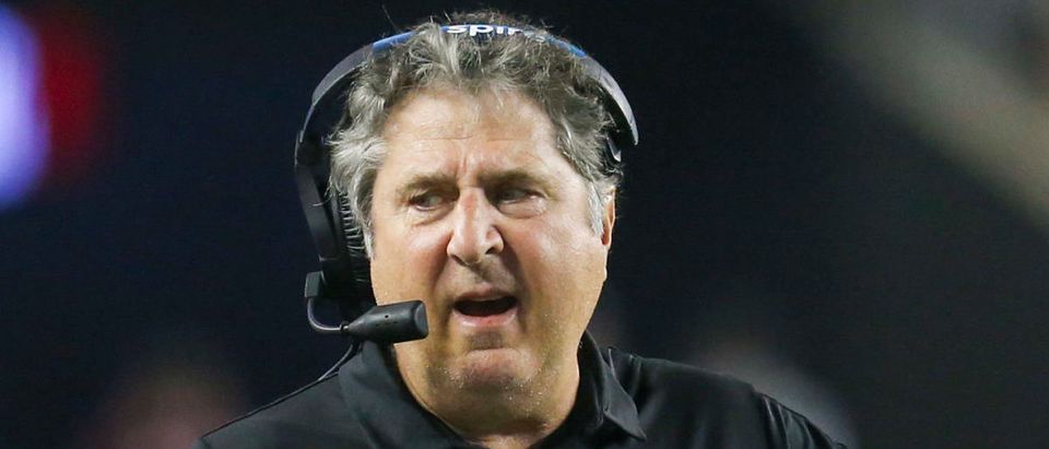 Oct 2, 2021; College Station, Texas, USA; Mississippi State Bulldogs head coach Mike Leach argues a call while playing against the Texas A&amp;M Aggies in the third quarter at Kyle Field. Mandatory Credit: Thomas Shea-USA TODAY Sports via Reuters