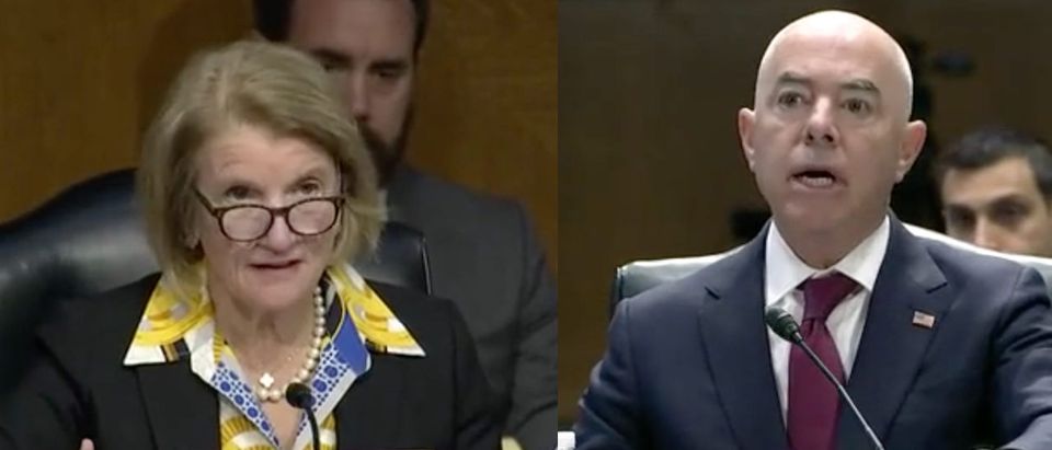 DHS Sec. Alejandro Mayorkas testifies before the Senate about the Disinformation Governance Board while Sen. Shelley Capito questions him [Screenshot US Senate]