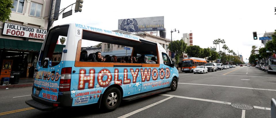 A tour bus drives on Hollywood Blvd in Los Angeles