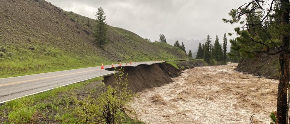 High water levels in the Lamar River erode Yellowstone National Park's Northeast Entrance Road