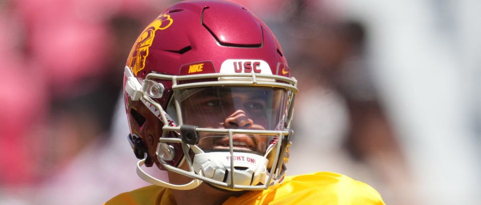 Apr 23, 2022; Los Angeles, CA, USA; Southern California Trojans quarterback Caleb Williams (13) throws the ball during the spring game at the Los Angeles Memorial Coliseum. Mandatory Credit: Kirby Lee-USA TODAY Sports via Reuters