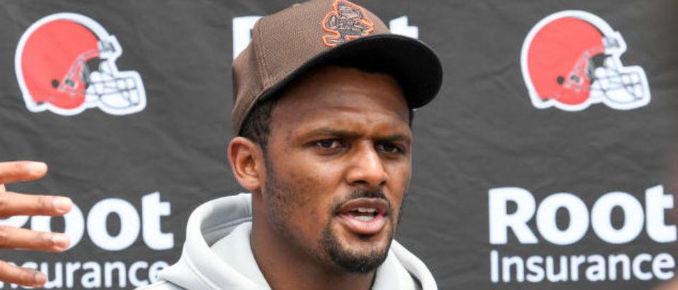 BEREA, OH - JUNE 14: Deshaun Watson #4 of the Cleveland Browns speaks during press conference after the Cleveland Browns mandatory minicamp at CrossCountry Mortgage Campus on June 14, 2022 in Berea, Ohio. (Photo by Nick Cammett/Getty Images)