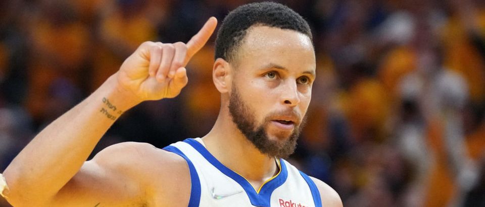 Jun 13, 2022; San Francisco, California, USA; Golden State Warriors guard Stephen Curry (30) gestures after defeating the Boston Celtics in game five of the 2022 NBA Finals at Chase Center. Mandatory Credit: Kyle Terada-USA TODAY Sports via Reuters