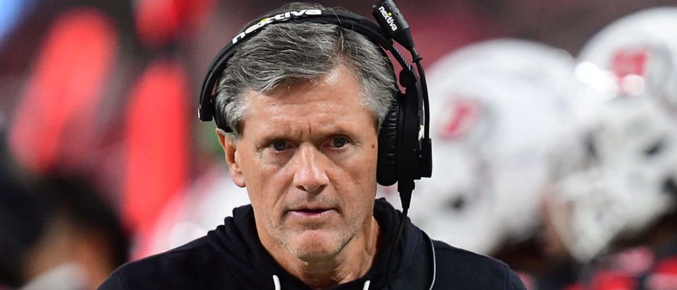 December 3, 2021; Las Vegas, NV, USA; Utah Utes head coach Kyle Whittingham reacts against the Oregon Ducks during the second half in the 2021 Pac-12 Championship Game at Allegiant Stadium. Mandatory Credit: Gary A. Vasquez-USA TODAY Sports via Reuters