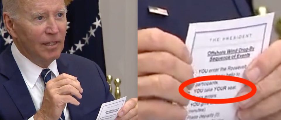 President Joe Biden held a note card with very basic instructions on how to act [Screenshot C-Span]