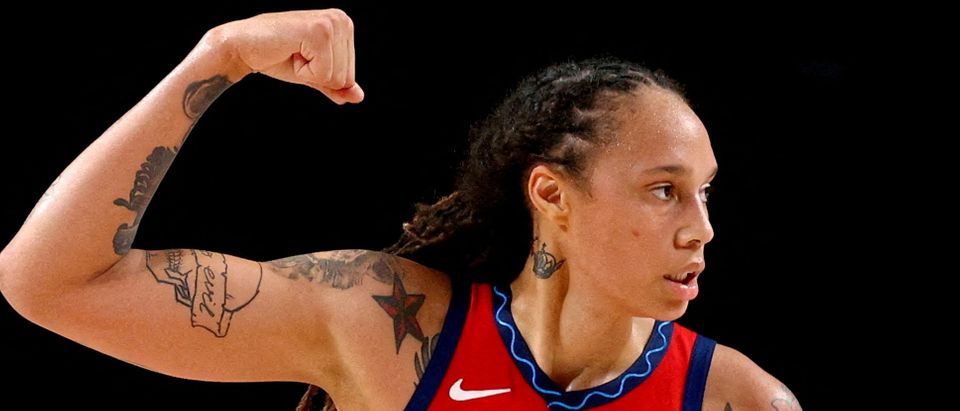 FILE PHOTO: Brittney Griner of the United States gestures during a game against Australia at Saitama Super Arena in their Tokyo 2020 Olympic women's basketball quarterfinal game in Saitama, Japan August 4, 2021. REUTERS/Brian Snyder/File Photo