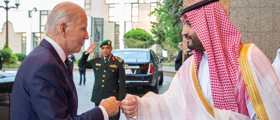 Saudi Crown Prince Mohammed bin Salman fist bumps U.S. President Joe Biden upon his arrival at Al Salman Palace, in Jeddah