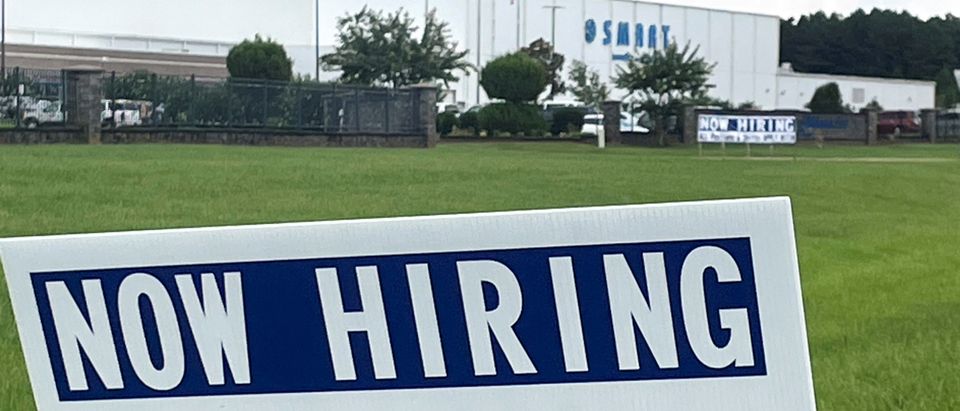 A sign advertising jobs stands near the SMART Alabama, LLC auto parts plant in Luverne