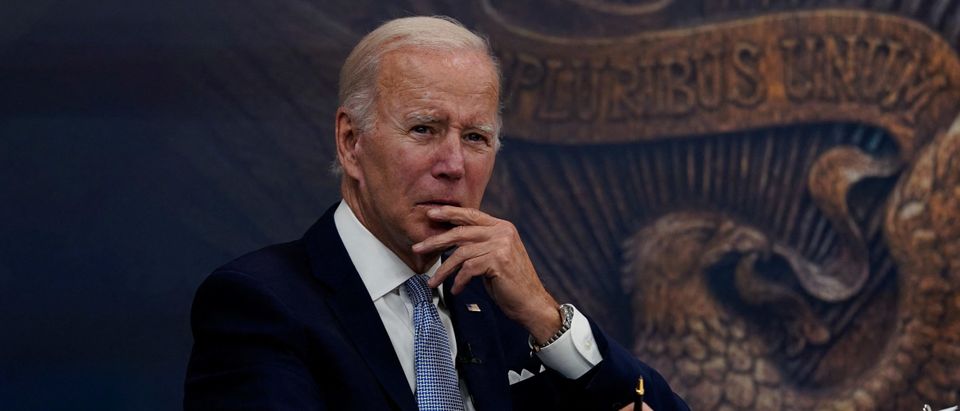 U.S. President Joe Biden listens as he receives an update on economic conditions from his advisors in the Eisenhower Executive Office Building's South Court Auditorium at the White House in Washington, U.S., July 28, 2022. REUTERS/Elizabeth Frantz