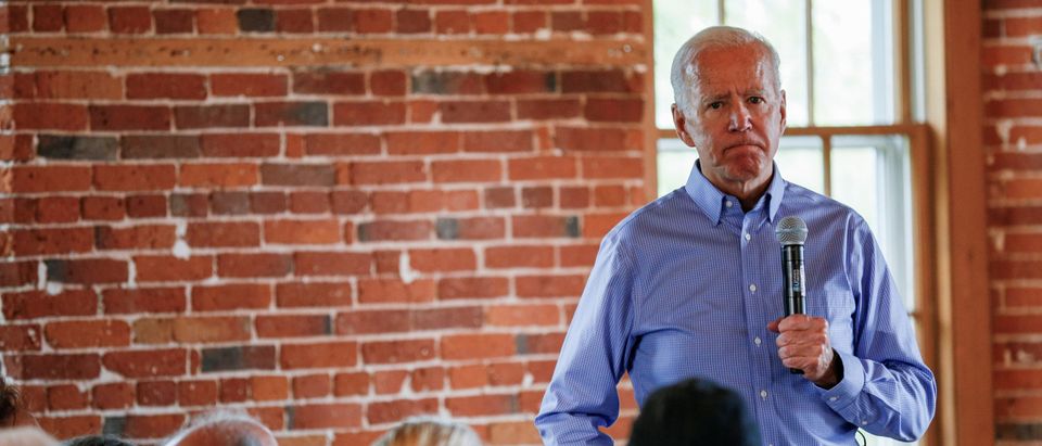 Democratic 2020 U.S. presidential candidate Biden frowns during a campaign town hall meeting in Laconia