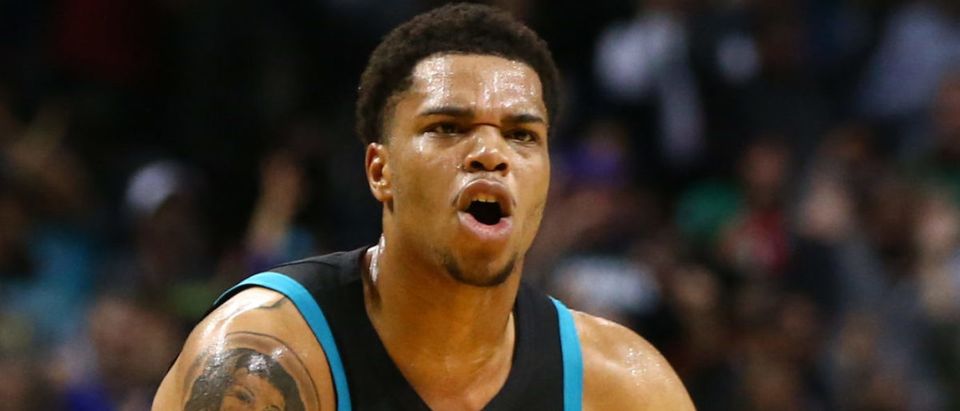 Nov 19, 2018; Charlotte, NC, USA; Charlotte Hornets forward Miles Bridges (0) reacts after scoring in the second half against the Boston Celtics at Spectrum Center. Mandatory Credit: Jeremy Brevard-USA TODAY Sports via Reuters