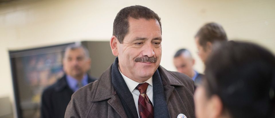 CHICAGO, IL - FEBRUARY 23: Chicago Mayoral candidate Jesus "Chuy" Garcia greets workers during a campaign stop at a linen and uniform service company on February 23, 2015 in Chicago, Illinois. (Photo by Scott Olson/Getty Images)