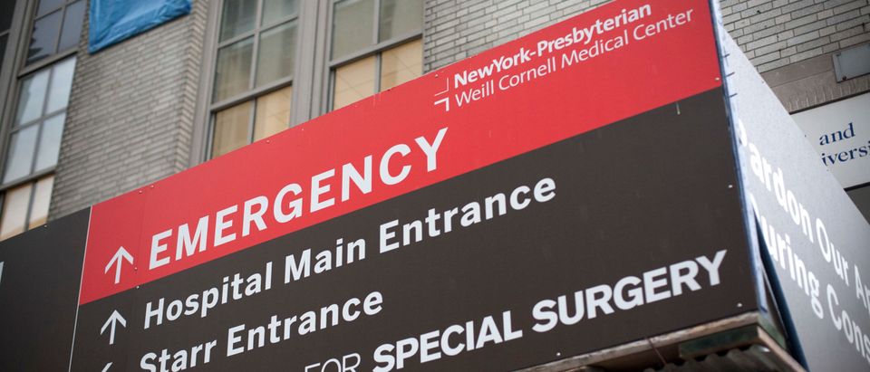 A signboard at New York Presbyterian Hospital is seen on the Upper East Side of Manhattan