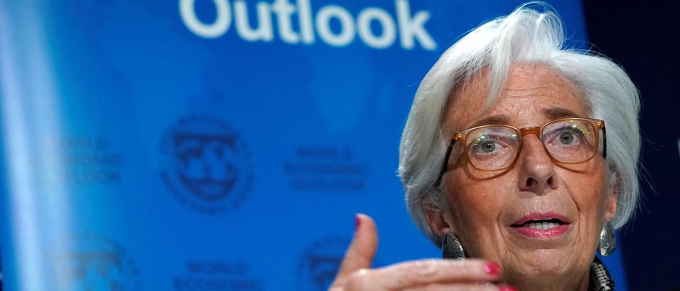 Lagarde Managing Director of the IMF attends a news conference on the world economic outlook during the WEF in Davos