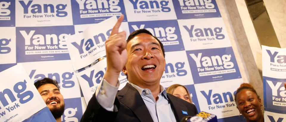 FILE PHOTO: Andrew Yang, Democratic candidate for New York City Mayor, speaks during a campaign appearance in Brooklyn, New York