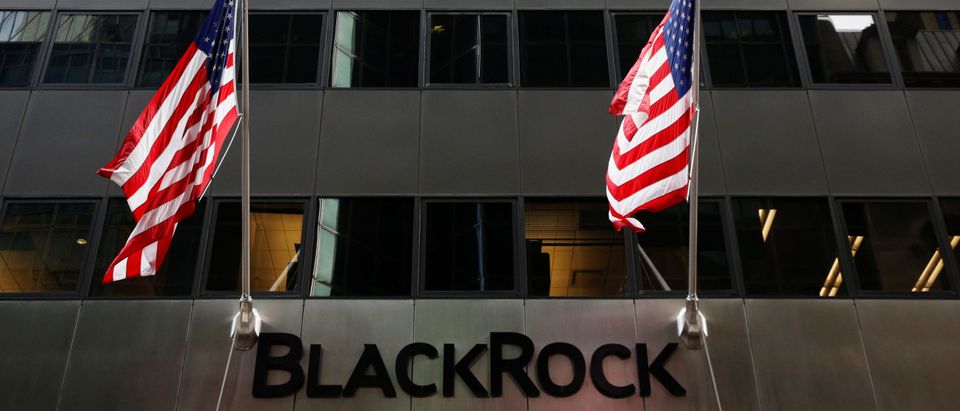 The BlackRock logo is seen outside of its offices in New York
