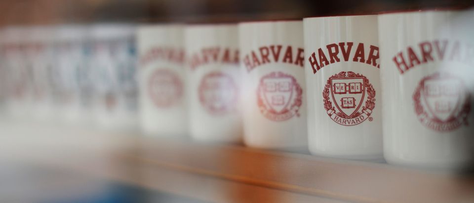 Mugs bearing the school's logo are displayed for sale outside Harvard University in Cambridge