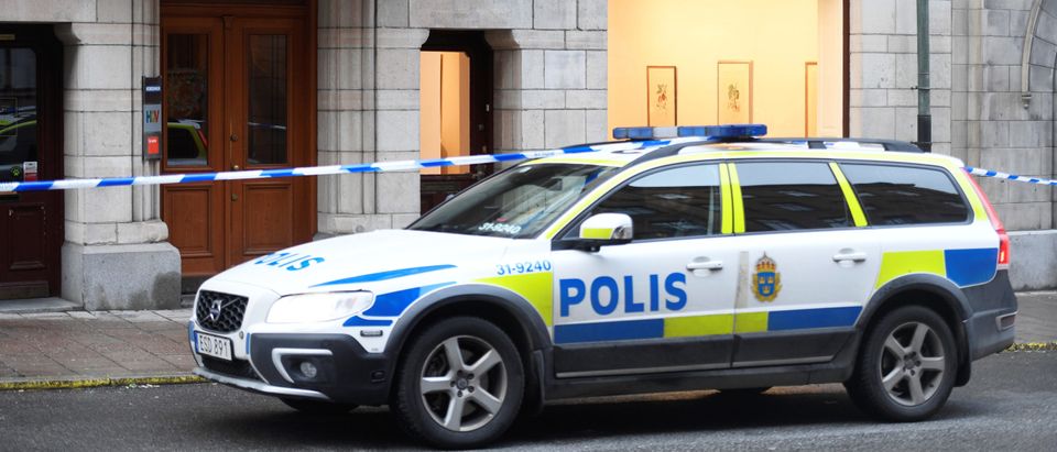 Police car is parked in front of an art gallery where Salvador Dali works have been stolen, in Stockholm