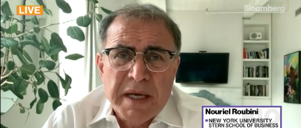 Economist Nouriel Roubini made two bleak predictions for the U.S. economy as inflation reaches decade-highs and consumers are spending more on food, gas and other necessities. [Screenshot Bloomberg]