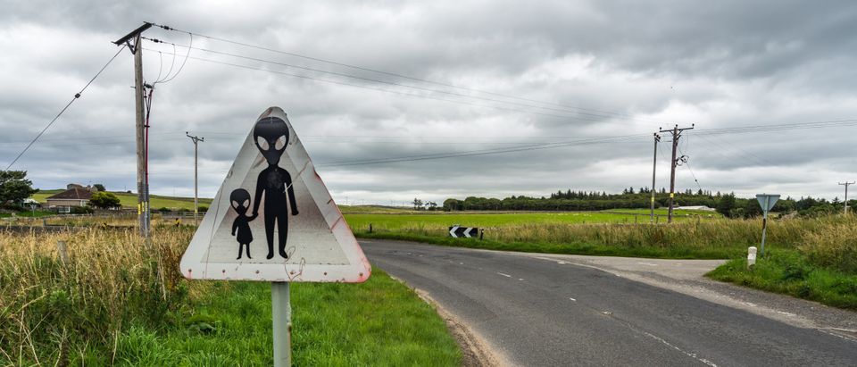 Humorous,Danger,Road,Sign,Warning,Of,Possible,Ufo,,Scotland,,Britain